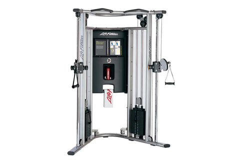 Life Fitness G7 home gym with dual cable machines, silver frame, black weight stack, and instruction display, front view on w