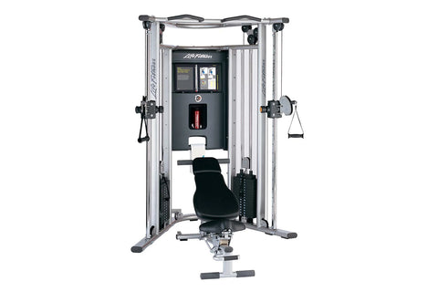 Life Fitness G7 home gym with dual cable machines, silver frame, black weight stack, and instruction display, front view on w