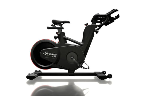 Black and red exercise bike with 'Life Fitness'