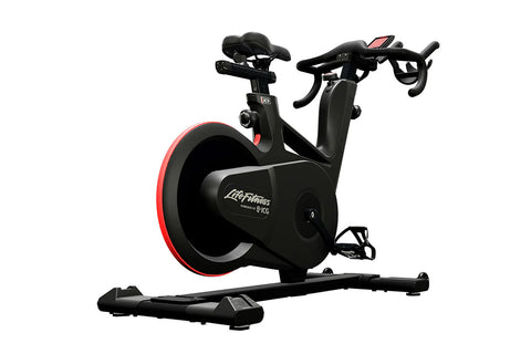 Black and red exercise bike with 'Life Fitness'