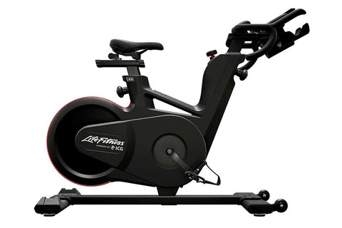 Black exercise bike with 'Life Fitness' branding