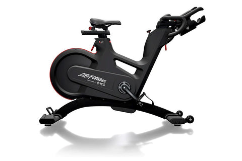 Black exercise bike with 'Life Fitness' branding