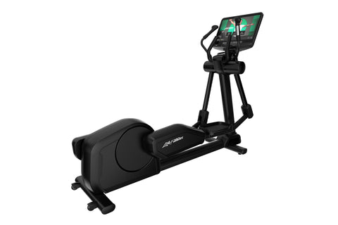 Black Life Fitness Integrity+ elliptical cross-trainer with digital display console showing workout metrics on white backgrou