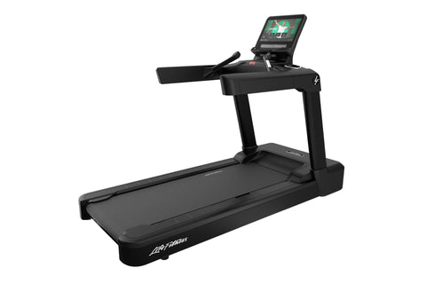 Black Life Fitness Integrity+ treadmill with digital touchscreen display showing workout interface, isolated on white backgro
