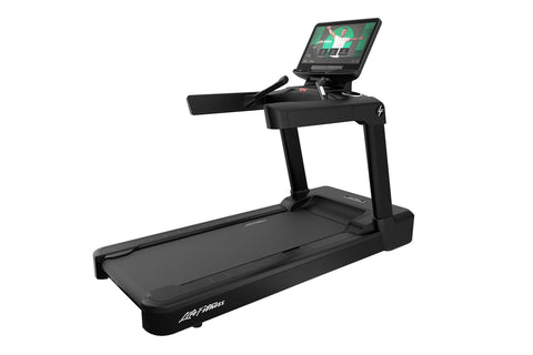 Black Life Fitness Integrity+ treadmill with digital touchscreen display showing workout interface, isolated on white backgro