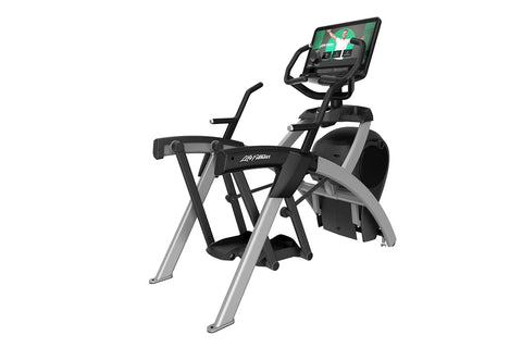Black Life Fitness elliptical trainer with digital console display, dual handles, and footrests on white background