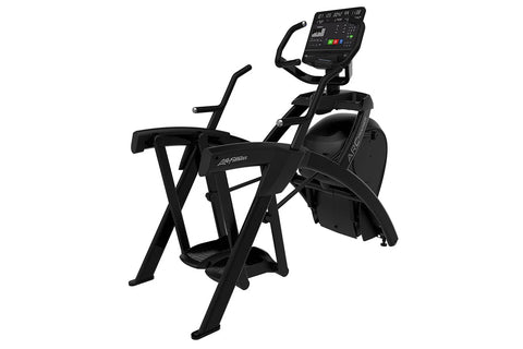 Black Life Fitness elliptical trainer with digital console display, dual handles, and footrests on white background