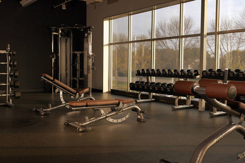 Life Fitness multi-adjustable weight bench with silver metal frame, black padded seat and backrest, and leg extension attachm