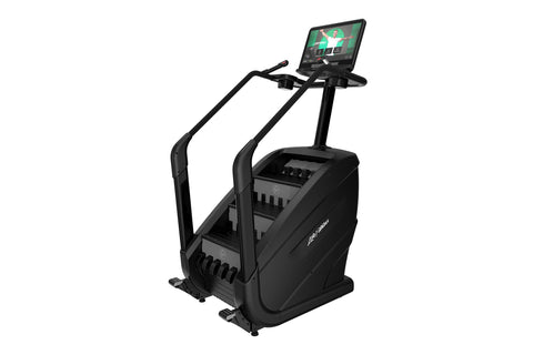 Black stair climbing machine with dual handles, control console, and digital display screen showing workout interface
