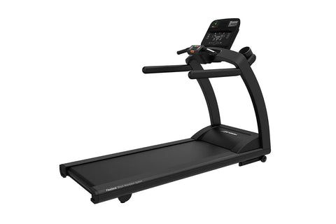 Black Life Fitness treadmill with curved frame, padded running deck, and digital display console mounted on handles showing f