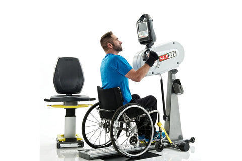 SciFit Pro1 seated upper body exercise machine with white and gray frame, black seat, and digital display monitor mounted on 