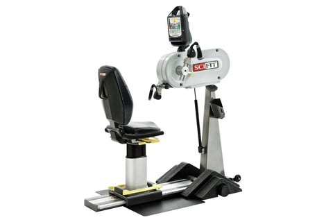 SciFit Pro1 seated upper body exercise machine with white and gray frame, black seat, and digital display monitor mounted on 