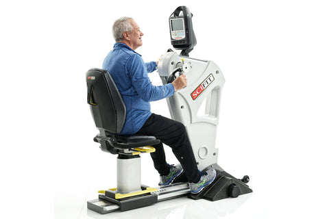 White and black SCIFIT PRO1000 upper body exerciser with digital display and black padded seat on white background