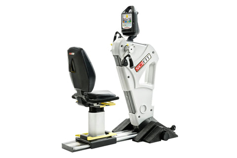 White and black SCIFIT PRO1000 upper body exerciser with digital display and black padded seat on white background