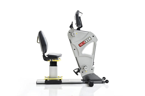 White and black SCIFIT PRO2 recumbent exercise bike with digital display screen and footrest, on white background