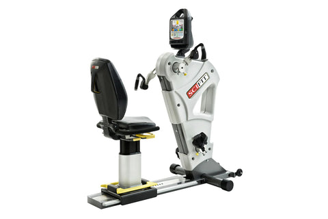 White and black SCIFIT PRO2 recumbent exercise bike with digital display screen and footrest, on white background