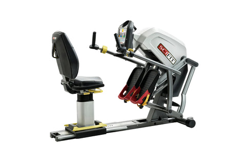 SCIFIT StepOne total body recumbent stepper with gray and red frame, black seat, red foot pedals, and digital display console