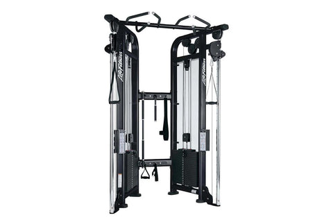 Life Fitness Signature Series black and silver dual adjustable pulley machine with cable systems and handles on white backgro
