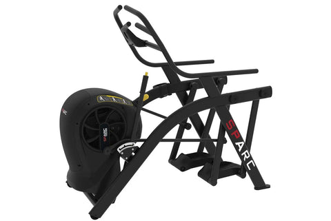 Black Life Fitness SPARC arc trainer elliptical with dual handles, foot pedals, and curved frame on white background