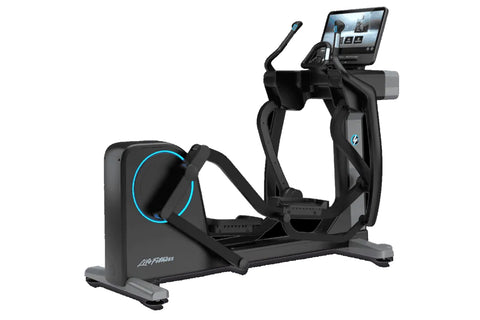 Life Fitness Symbio incline elliptical machine with black and gray frame, blue accent lighting, digital touchscreen display, 