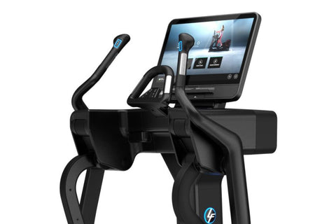 Life Fitness Symbio incline elliptical machine with black and gray frame, blue accent lighting, digital touchscreen display, 