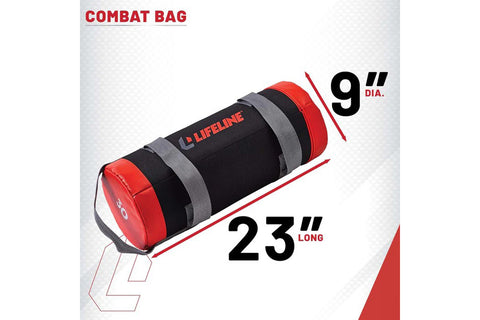Lifeline Combat Bag, black cylindrical training bag with red end caps and gray carrying straps on white background