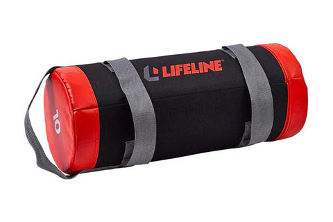 Lifeline Combat Bag, black cylindrical training bag with red end caps and gray carrying straps on white background