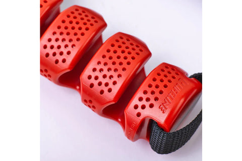 Red and black pull-up assist band with resistance straps, metal grip handles, and attachment loop on white background