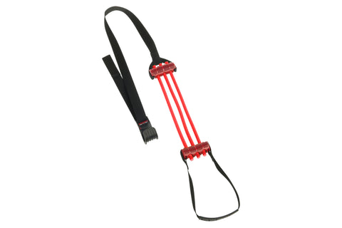 Red and black pull-up assist band with resistance straps, metal grip handles, and attachment loop on white background