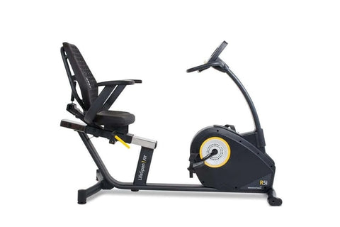 Black LifeSpan R5i recumbent exercise bike with yellow accent, padded seat, adjustable backrest, and console display on white