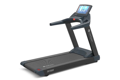 Black LifeSpan TR7000i commercial treadmill with digital display screen, handrails, and cushioned running deck on white backg