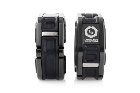Black metal barbell collars with locking jaw mechanism and magnetic fasteners, displayed on white background