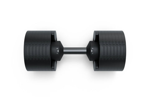 Pair of Matrix adjustable dumbbells with black rubber grip plates, steel handles, and yellow accents on base, shown on white 