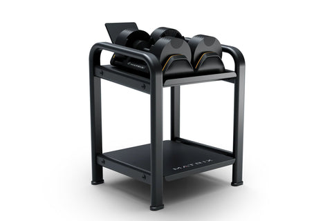 Matrix black dumbbell storage rack with two tiers, dumbbells on sides, and adjustable headrest on white background