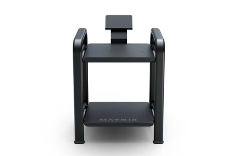 Matrix black dumbbell storage rack with two tiers, dumbbells on sides, and adjustable headrest on white background