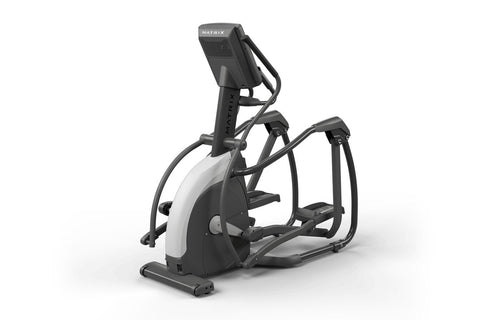 Black elliptical machine with digital touchscreen display, dual handles, and foot pedals on white background