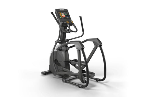 Black elliptical machine with digital touchscreen display, dual handles, and foot pedals on white background
