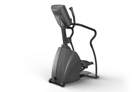 Black and gray commercial stepper machine with digital touchscreen display and dual handles, on white background