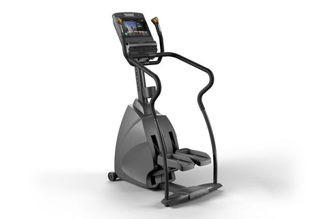Black and gray commercial stepper machine with digital touchscreen display and dual handles, on white background