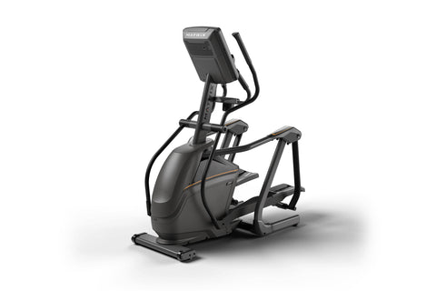 Black and gold elliptical machine with digital console display showing time, on white background