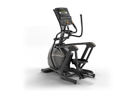 Black and gold elliptical machine with digital console display showing time, on white background