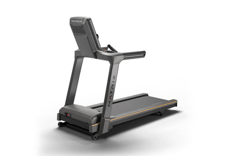 Black Matrix Lifestyle treadmill with digital display console, orange accents, and wide running deck on white background
