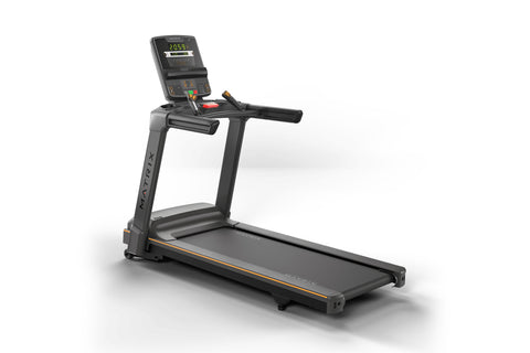 Black Matrix Lifestyle treadmill with digital display console, orange accents, and wide running deck on white background