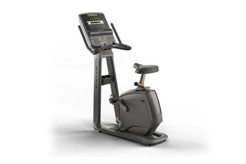 Matrix Lifestyle upright exercise bike with digital display showing time and metrics, black frame, seat, and handlebars on wh