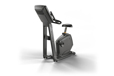Matrix Lifestyle upright exercise bike with digital display showing time and metrics, black frame, seat, and handlebars on wh