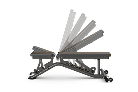 Matrix multi-adjustable weight bench in charcoal gray with gold accent lines, adjustable backrest, and weighted leg extension
