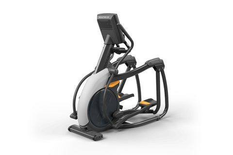 Black and orange elliptical machine with digital display console, dual handles, and foot pedals on white background