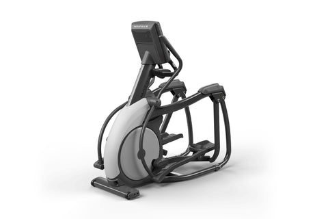 Black and silver elliptical trainer with digital display console, dual handlebars, and wide footplate on white background