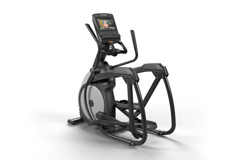 Black and silver elliptical trainer with digital display console, dual handlebars, and wide footplate on white background