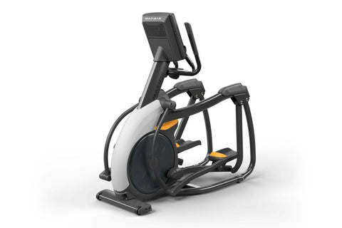 Black and orange elliptical trainer with digital display console, handlebar grips, and foot pedals on white background